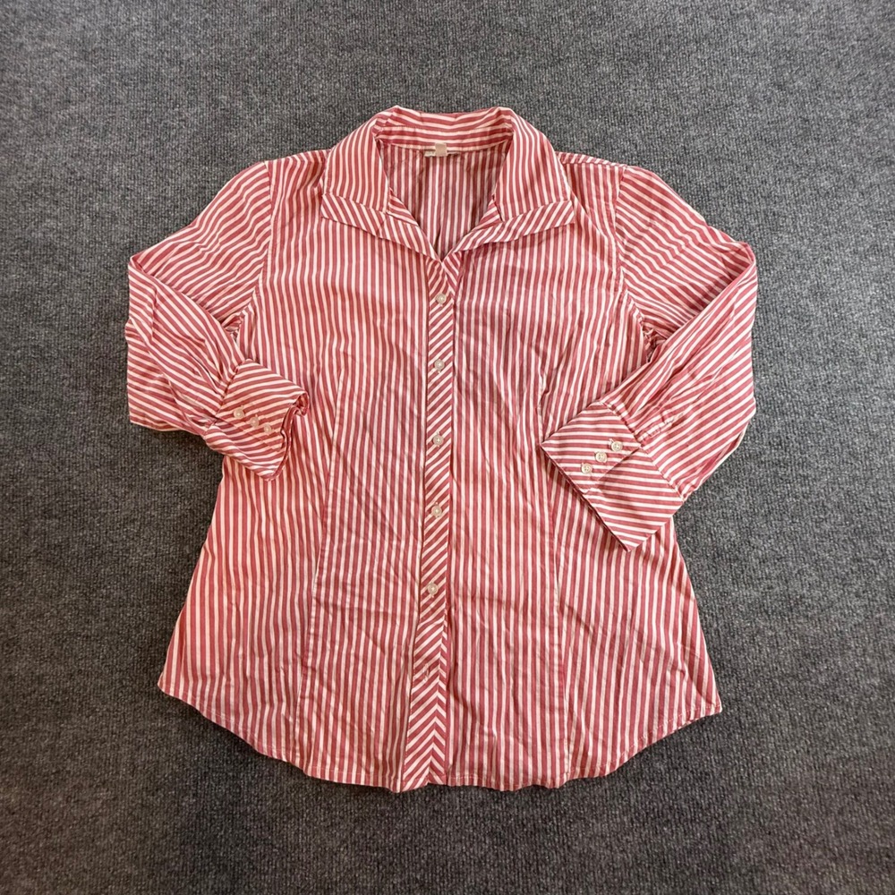 Talbots Womens Pink White Striped Button Down Shirt 3/4 Sleeve Size 10 Cotton